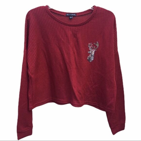 Christmas Sequins Happy Holla Days Red cotton Reindeer Top Size Large - Picture 1 of 6